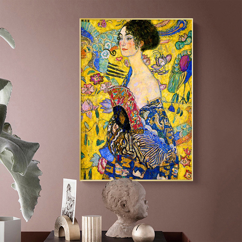 Oceans Lady With A Fan By Klimt – Gold Frame Canvas