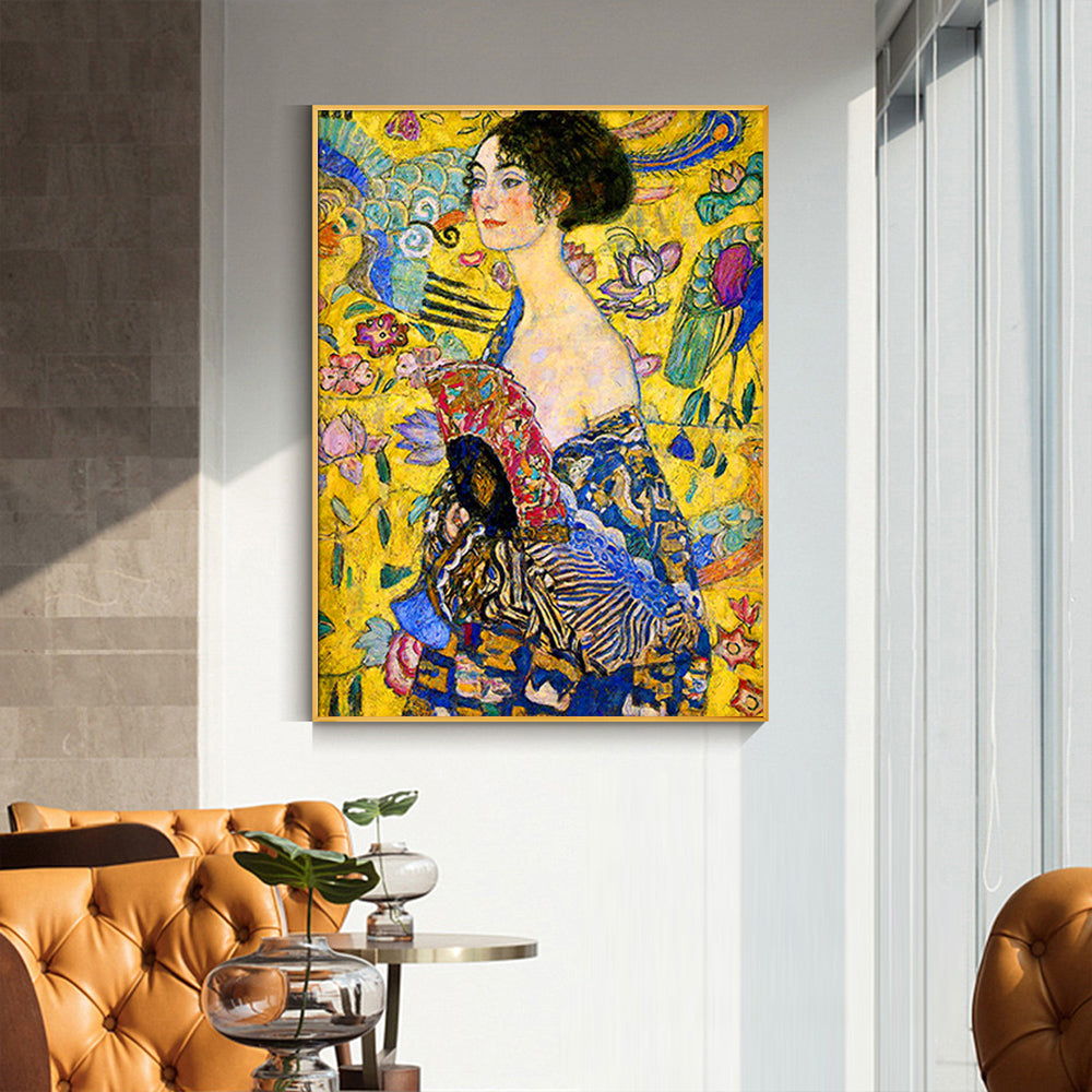 Oceans Lady With A Fan By Klimt – Gold Frame Canvas