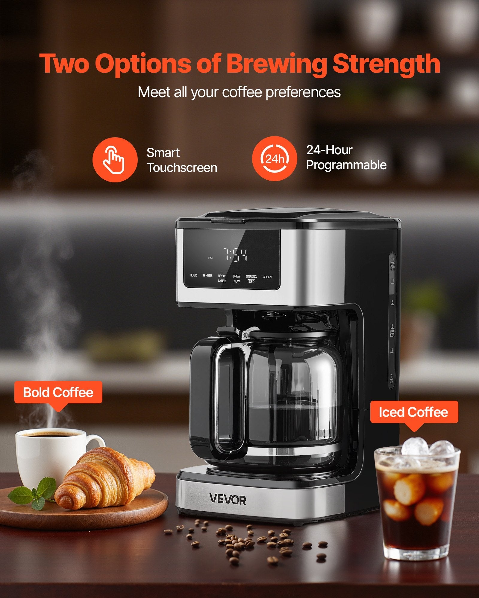 Programmable Coffee Maker, 12 Cup Programmable Drip Coffee Makers With Touch Screen, 4-Hour Keep Warm Coffee Makers Drips, 2 Brew Strengths Drip Coffee Machine For Home, 24-Hour Programmable