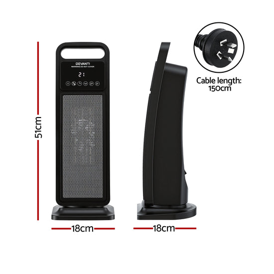 Devanti 2000W Ceramic Tower Heater Space Heaters Indoor Oscillating Black