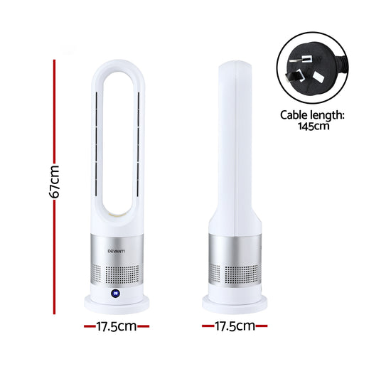 Devanti Bladeless Tower Fan Heater and Cooler 2in1 Portable Oscillation Fan for Bedroom Room Office Use White