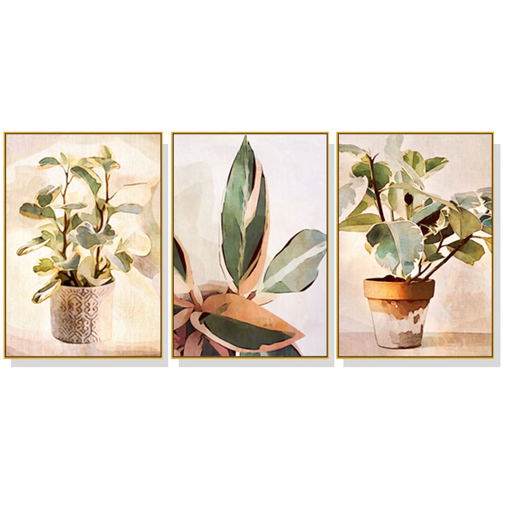 Oceans Botanical Leaves Watercolour – Gold Frame Canvas (Set of 3)