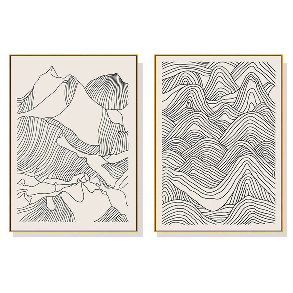 Oceans Line Art Mountain – Gold Frame Canvas (Set of 2)