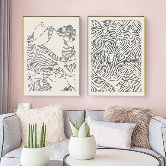 Oceans Line Art Mountain – Gold Frame Canvas (Set of 2)