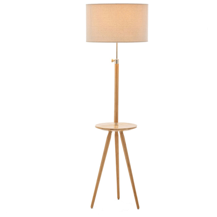 165cm Adjustable Bamboo Tripod Floor Lamp Light with Linen Shade & Built-In Table