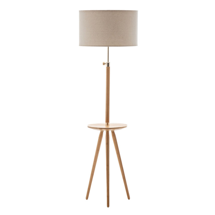 165cm Adjustable Bamboo Tripod Floor Lamp Light with Linen Shade & Built-In Table