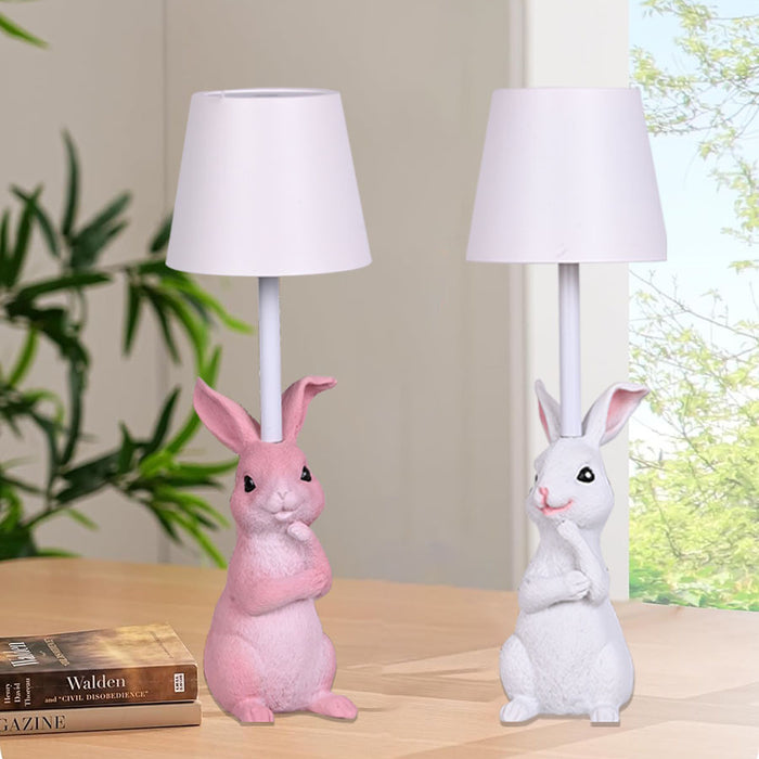 Yellow Bunny White Lampshade Adorable Rabbit Resin Table Lamp - 3-Color LED, USB Rechargeable, Touch Dimming