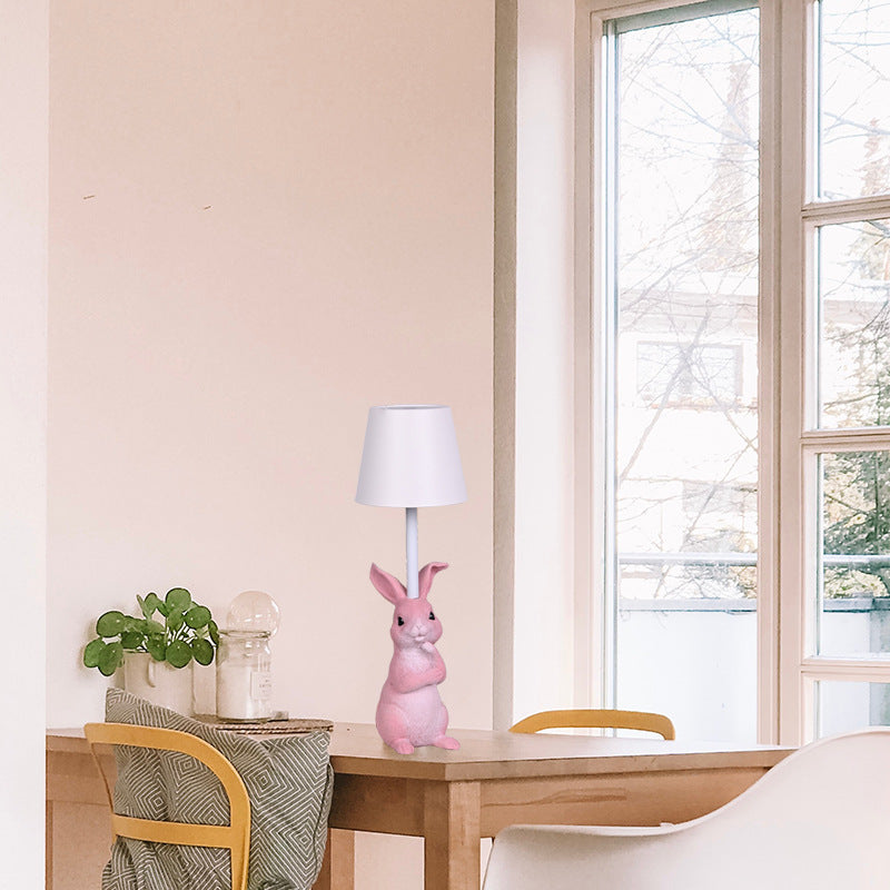 Pink Bunny White Lampshade Adorable Rabbit Resin Table Lamp - 3-Color LED, USB Rechargeable, Touch Dimming
