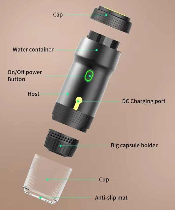 Green 3-in-1 Portable Electric Espresso Maker - Rechargeable Travel Coffee Machine for Capsules & Ground Coffee