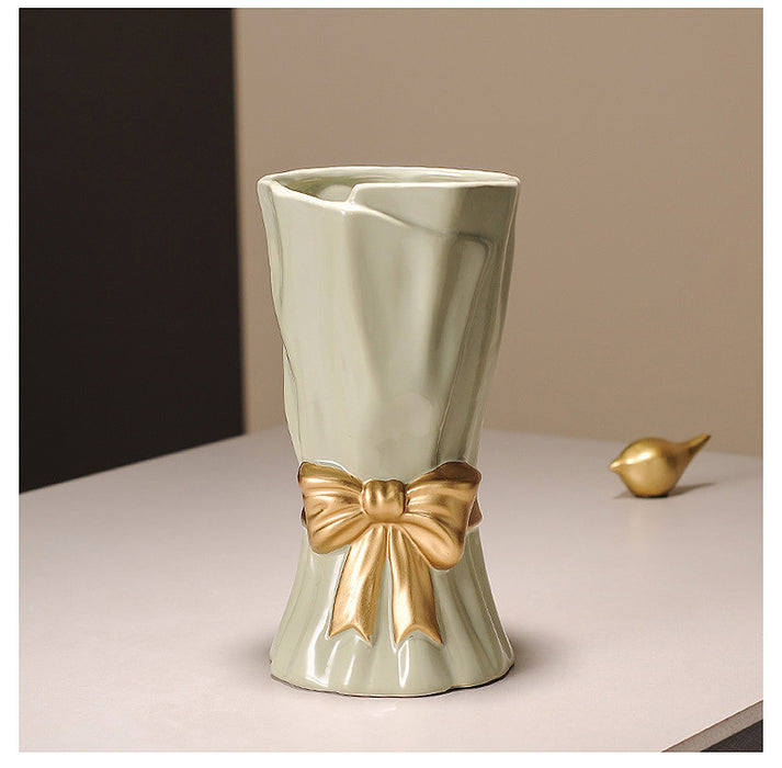 Green Elegant Ceramic Vase with Golden Bow Accent - Textured Relief Flower Holder for Living Room & Dining Table Decor