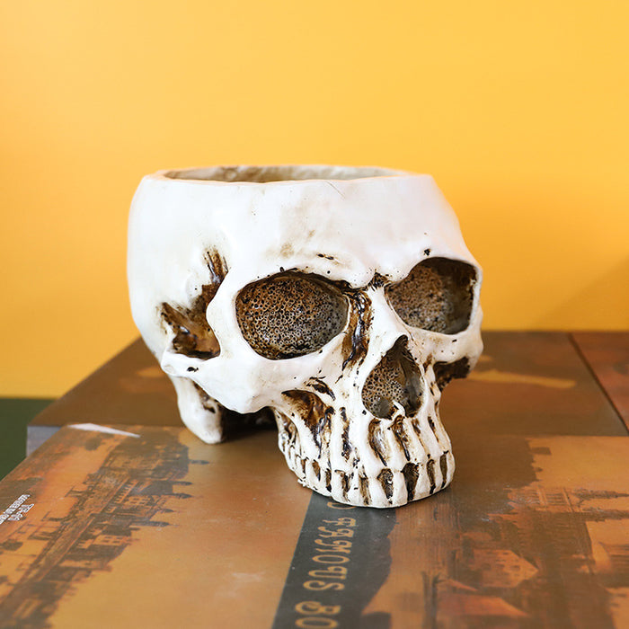 White Halloween Skull Resin Desktop Ornament and Pen Holder - Spooky Decor