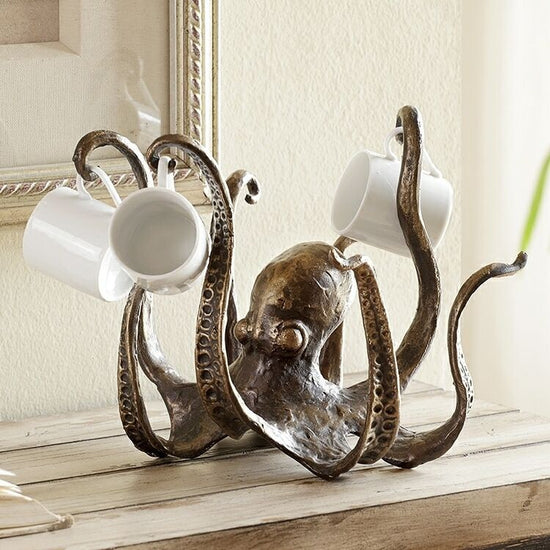 Blue Vintage Bronze Octopus Mug Holder - Decorative Resin Statue & Countertop Cup Rack