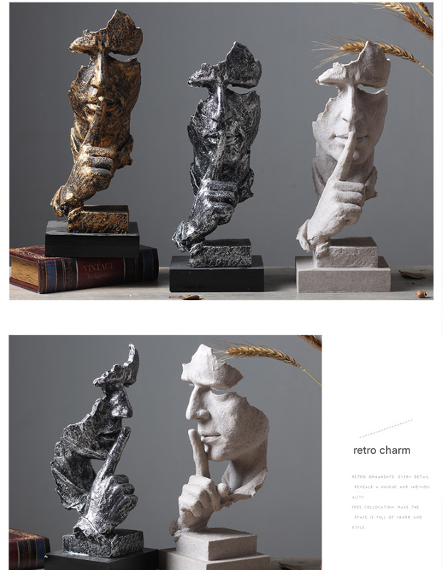 Sandstone color Modern 'Silence is Golden' Abstract Sculpture - Nordic Resin Art Statue for Office & Living Room Decor